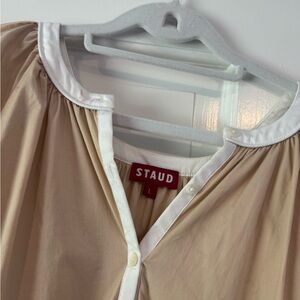 STAUD Beige Mini Dress with White Trim and Button Front